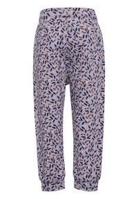 Ljuslila byxor med ett lövmönster i mörkgrön, brun och rosa. Har elastisk midja och ribbade mudd vid anklarna.
