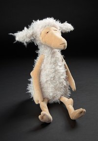 Stuffed sheep toy with a textured, fluffy white body, beige arms and legs, a simple face, and large floppy ears. Sitting position.