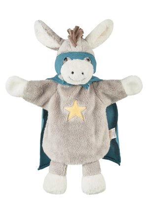 Plüsch-Esels-Handpuppe mit einem türkisfarbenen Superhelden-Umhang und Maske, mit einem gelben Stern auf der Brust und einer braunen Haarbüschel.