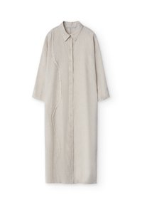 Vestito camicia in lino beige chiaro con bottoni sul davanti, colletto e un pannello testurizzato asimmetrico lungo il lato.