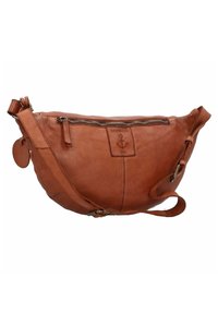 Braune Leder-Crossbody-Tasche in Halbmondform mit einem oberen Reißverschluss, einem eingeprägten Logo und einem verstellbaren Tragriemen.