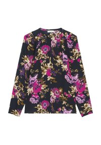 Blouse noire à manches longues avec imprimé floral rose, violet et beige, encolure ronde et légères plis aux épaules.