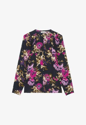 Langärmelige schwarze Bluse mit rosa, lila und beigen Blumenmuster, Rundhalsausschnitt und leichten Falten an den Schultern.