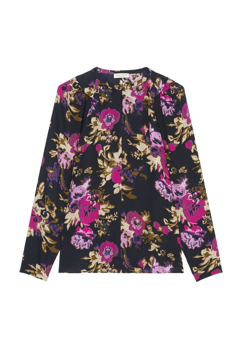 Blouse noire à manches longues avec imprimé floral rose, violet et beige, encolure ronde et légères plis aux épaules.
