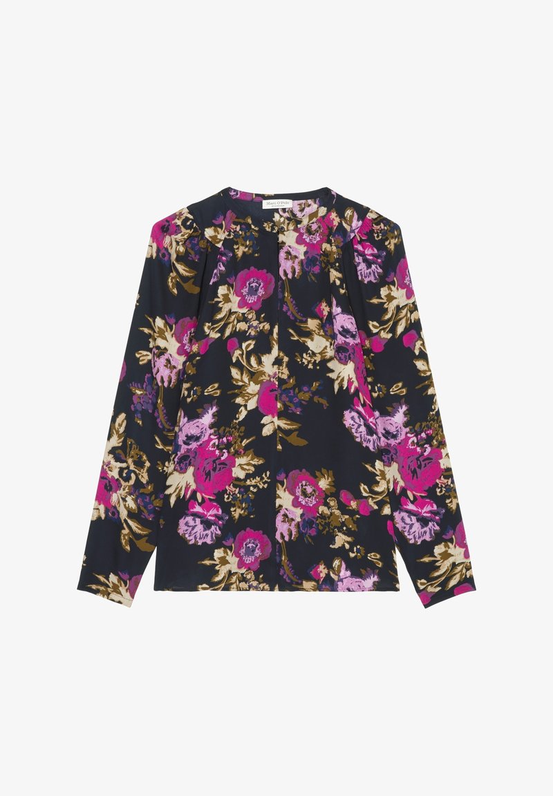 Blouse noire à manches longues avec imprimé floral rose, violet et beige, encolure ronde et légères plis aux épaules.