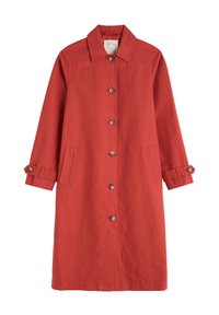 Roter leichter Regenmantel mit einem Kragen, Vorderknöpfen, Seitentaschen und verstellbaren, mit Knöpfen versehenen Manschetten. Glatte Stoffstruktur.