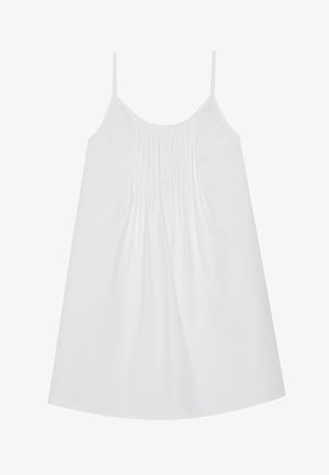 Baltas bezpiedurkņu kleita ar plānām siksnām, ar pogu detaļām un vertikālām plisēm priekšpusē, lai piešķirtu tekstūru. Vienkārša A formas dizaina.