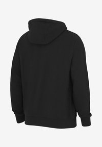 Sudadera negra de manga larga con capucha, puños y dobladillos acanalados, mostrada desde la parte posterior sobre un fondo claro y liso.