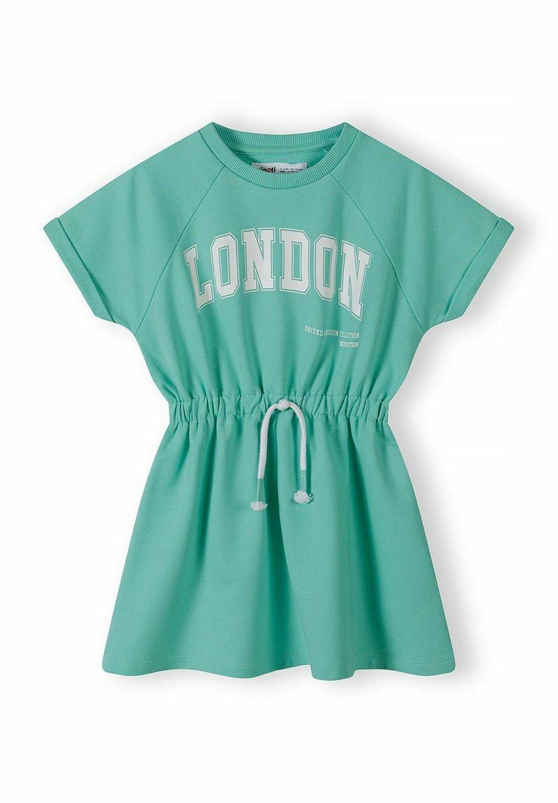 Mentolově zelené šaty s krátkým rukávem a stahovacími šňůrkami v pase. Na hrudi je bíle tištěný nápis "LONDON", vyrobené z měkké bavlněné tkaniny.
