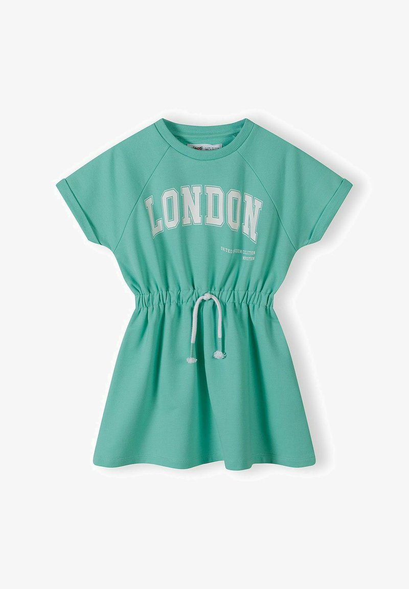 Mint zelena, kratka oblekica s pasom na vrvico. Na prsih napis "LONDON" v beli barvi, narejena iz mehkega bombažnega materiala.