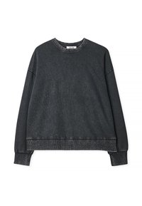 Donkergrijze sweatshirt van zachte katoen. Heeft een ronde hals, lange mouwen en ribgebreide manchetten en zoom. Minimalistisch ontwerp met een lichte textuur.