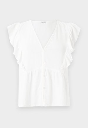 Blouse blanche à manches courtes, décolleté en V, fermeture à boutons, manches volantes et détail de tissu froncé à la taille. Matériau doux et léger.