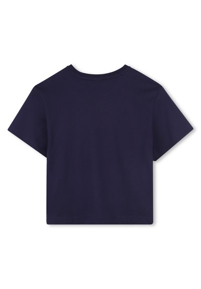 Navyblauwe katoenen T-shirt met korte mouwen, een ronde halslijn en een effen textuur. Achteraanzicht, minimalistisch ontwerp zonder extra details.