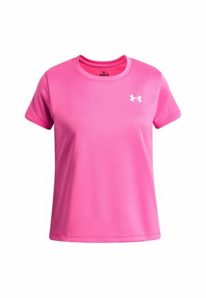Hellpinkes kurzärmeliges Sport-T-Shirt mit Rundhalsausschnitt und kleinem weißem Under Armour-Logo auf der linken Brust.