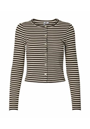 Cardigan à manches longues rayé marron et crème, avec un col rond, fermeture à boutons sur le devant et texture côtelée. Design court.