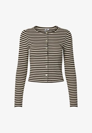 Brun og creme stribet langærmet cardigan med rund halsudskæring, knaplukning foran og ribbet tekstur. Cropet design.