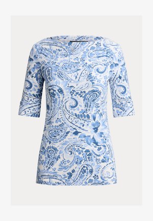 Chemise blanche ajustée à manches trois-quarts avec un motif floral cachemire bleu et un col rond.