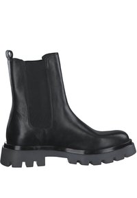 Schwarze Lederknöchelstiefel mit elastischen seitlichen Einsatz, runder Zehenpartie und klobiger Gummisohle mit tiefen Profilen für besseren Halt.