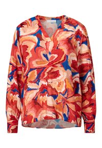 Bluse mit Blumenmuster, V-Ausschnitt, langen Ärmeln und lässiger Passform. Die Farben umfassen Rot, Orange, Blau und Creme. Weicher Stoff mit glatter Textur.