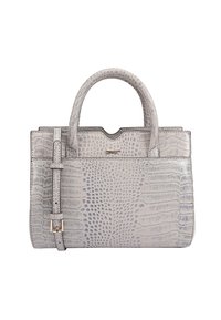 Grijze handtas met krokodillenstructuur, gestructureerde silhouet, dubbele handgrepen, afneembare schouderriem en een subtiele logoprint aan de voorkant.