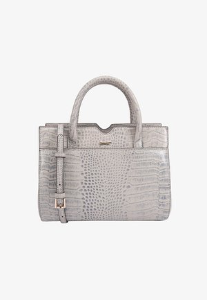 Grijze handtas met krokodillenstructuur, gestructureerde silhouet, dubbele handgrepen, afneembare schouderriem en een subtiele logoprint aan de voorkant.