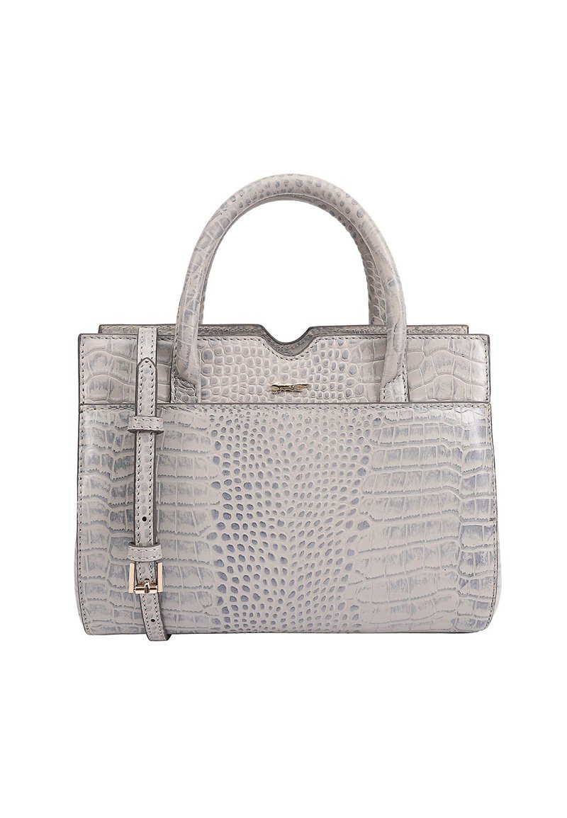 Grijze handtas met krokodillenstructuur, gestructureerde silhouet, dubbele handgrepen, afneembare schouderriem en een subtiele logoprint aan de voorkant.