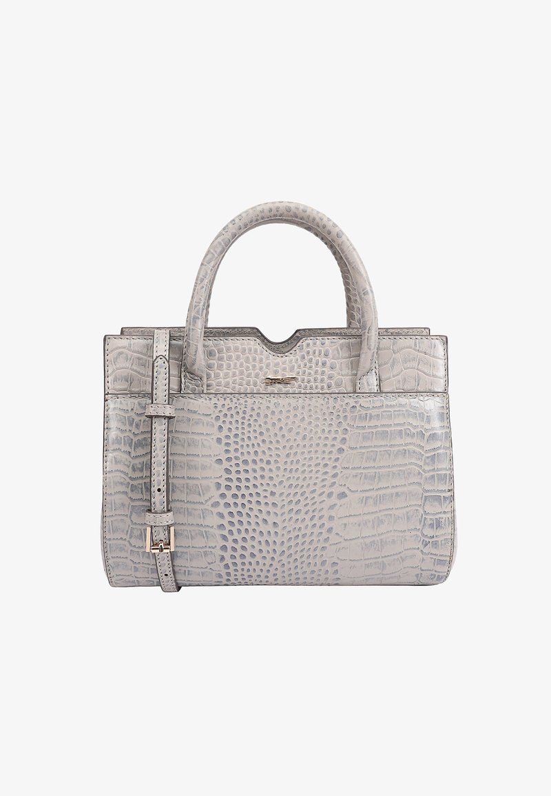 Grijze handtas met krokodillenstructuur, gestructureerde silhouet, dubbele handgrepen, afneembare schouderriem en een subtiele logoprint aan de voorkant.