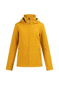 Gul softshell jakke med høj krave og justerbar hætte. Har lynlåslommer på siden og et logo på den øverste venstre bryst.