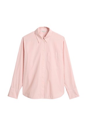 Chemise à manches longues à boutons avec rayures verticales roses et blanches, col pointu et poche poitrine du côté gauche.