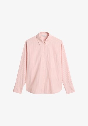 Overhemd met lange mouwen en knopen, met roze en witte verticale strepen, een puntige kraag en een borstzak aan de linkerkant.