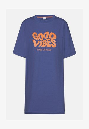 T-shirt en coton bleu avec une coupe décontractée. Présente un texte orange audacieux : "ÉTAT D'ESPRIT DES BONNES VIBRATIONS" dans une police ludique. Manches courtes, col rond.