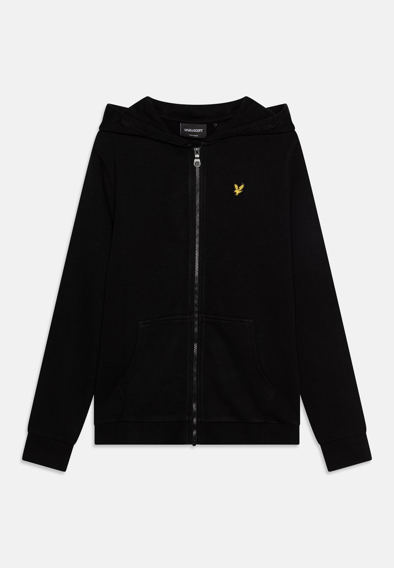 Čierna mikina na zips vyrobená z mäkkého materiálu, s kapucňou na šnúrku, prednými vreckami a malým žltým logom na hrudi.