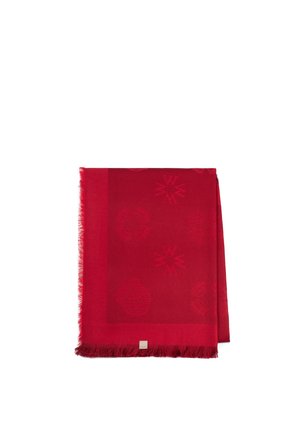 Red scarf with subtle geometric patterns and fringed edges, folded neatly with a small rectangular label at the bottom center.