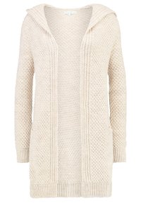 Ljusbeige stickad kofta med huva, med ett strukturerat mönster, öppen front och två sidofickor. Ribbad mudd och nertill.