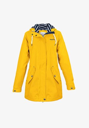 Gelbe wasserdichte Jacke mit gestreiftem marineblauen Innenfutter, Kordelzugkapuze und zwei Vordertaschen. Mit Druckknopfverschlüssen und verstellbaren Bündchen ausgestattet.