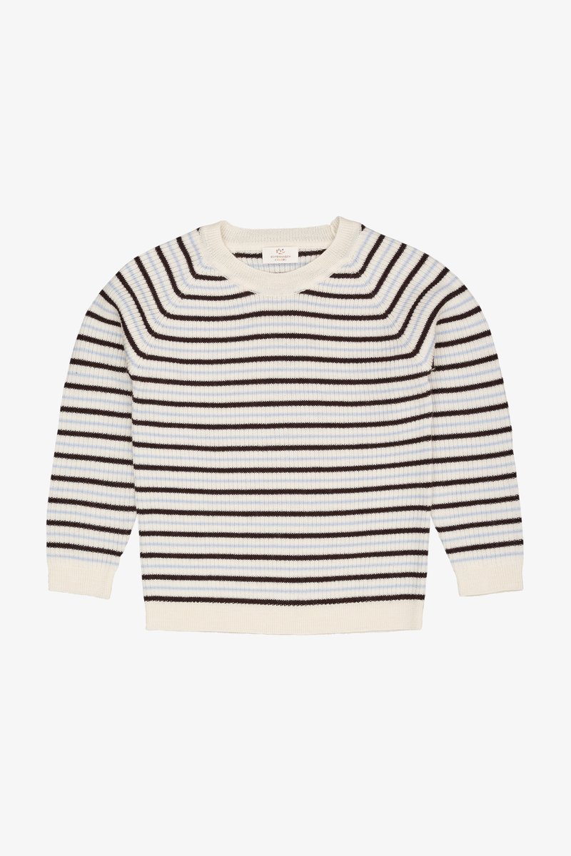 Maglione a righe in crema, marrone e azzurro chiaro. Presenta una texture a costine, scollatura rotonda e maniche lunghe.