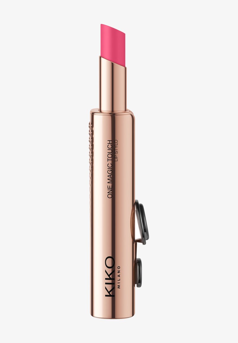 Rose gull KIKO Milano One Magic Touch leppestift med knallrosa farge og to svarte klipslignende fester på siden.