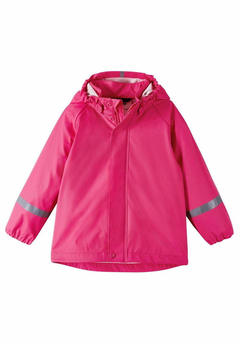 Giacca impermeabile rosa con cappuccio, polsini elastici e dettagli riflettenti argentati sulle maniche. Tessuto liscio e leggero.