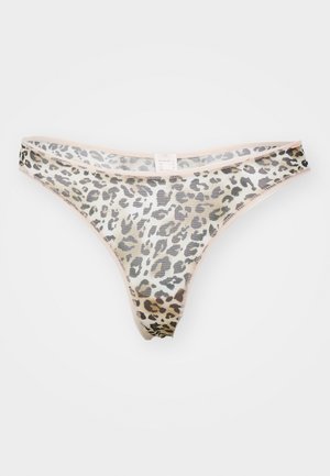 Leopardimustriga stringid, mis on valmistatud õhulisest võrkkangast, pehme elastse vöökoha ja minimaalse tagakaane kattega.