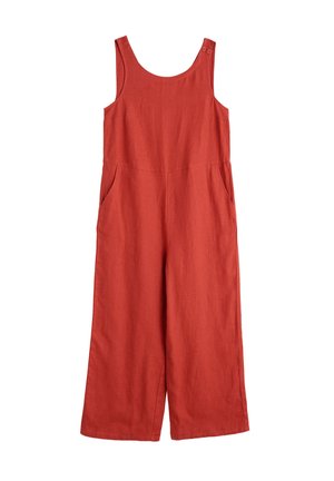 Tuta senza maniche a gamba larga color ruggine con scollo a U, tasche laterali e dettagli con bottoni sulle spalline.