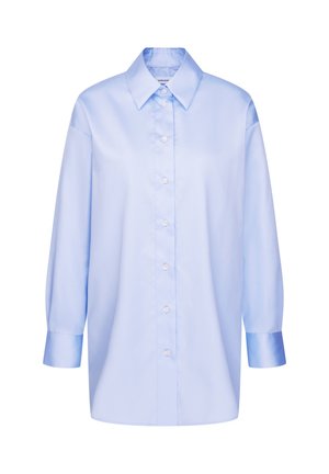 Light blue button-up shirt with a classic collar, long sleeves, and a smooth texture. Features a button placket and contrasting cuffs.