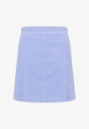 Light blue corduroy skirt with a straight design, featuring vertical stripes and a comfortable waistband. No pockets or embellishments visible.