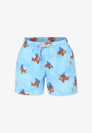 Pantaloni da bagno azzurri chiari con stampa totale di pesci arancioni con cappelli blu e bolle, vita elasticizzata con cordoncino per la regolazione.
