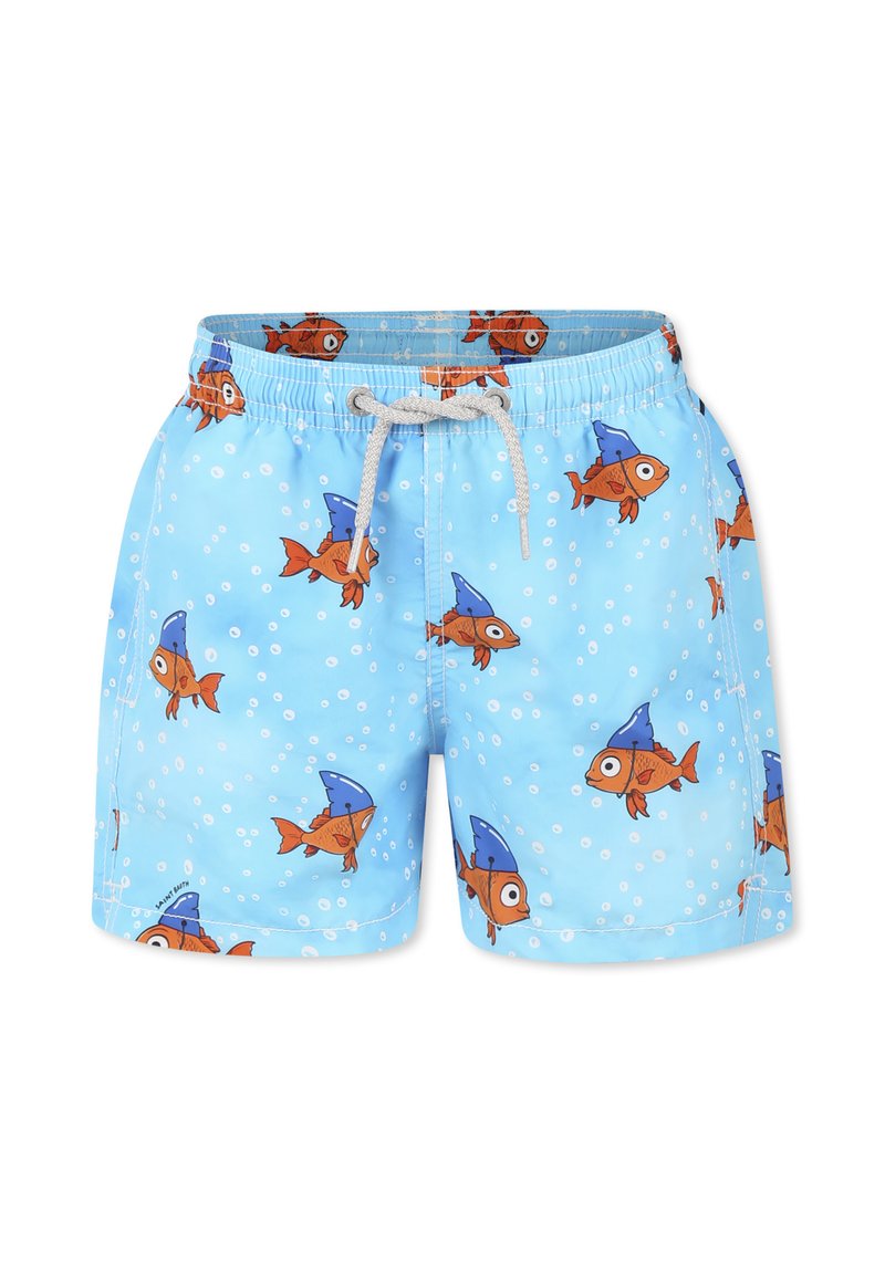 Pantaloni da bagno azzurri chiari con stampa totale di pesci arancioni con cappelli blu e bolle, vita elasticizzata con cordoncino per la regolazione.