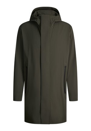 Donkergroene olijfgroene knie-lange jas met capuchon, verborgen voorsluiting en twee verticale zijzakken met ritssluiting.