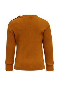 Ribbed Langarmshirt aus orange-braunem Stoff, mit rundem Ausschnitt, Knopfdetails an den Schultern und enganliegenden Manschetten.