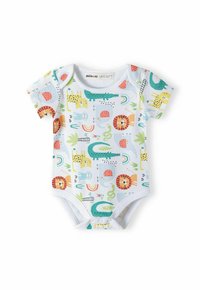 Kortärmad babybodysuit i ljusblått med färgglada djurillustrationer, inklusive lejon och krokodiler, i mjukt bomullsmaterial.