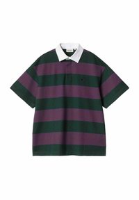 Polo de manga corta a rayas verdes y moradas, con un collar blanco y un logo. Fabricado en algodón con una textura suave.