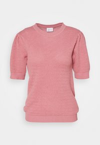 Kortärmad rosa stickad tröja med ett texturerat mönster, ribbad rund halsringning och muddar. Har en avslappnad passform och avslappnade designinslag.