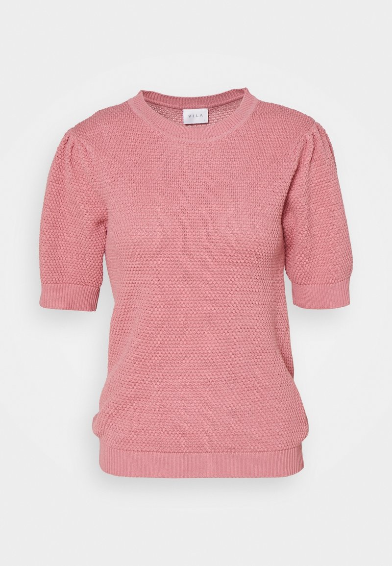 Kortärmad rosa stickad tröja med ett texturerat mönster, ribbad rund halsringning och muddar. Har en avslappnad passform och avslappnade designinslag.